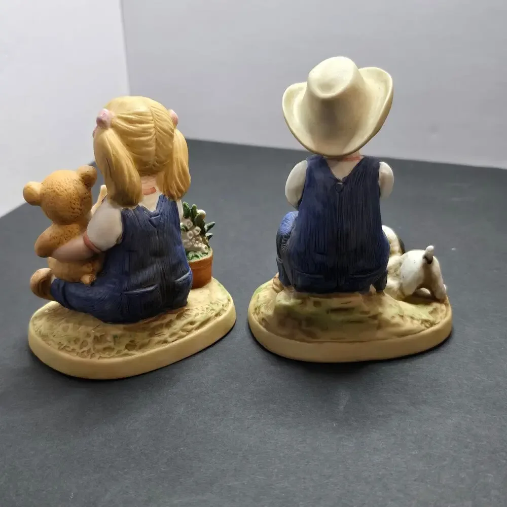 HOMCO Denim Days After Chores Boy Girl Figurines Pair #1504 Taiwan 1985